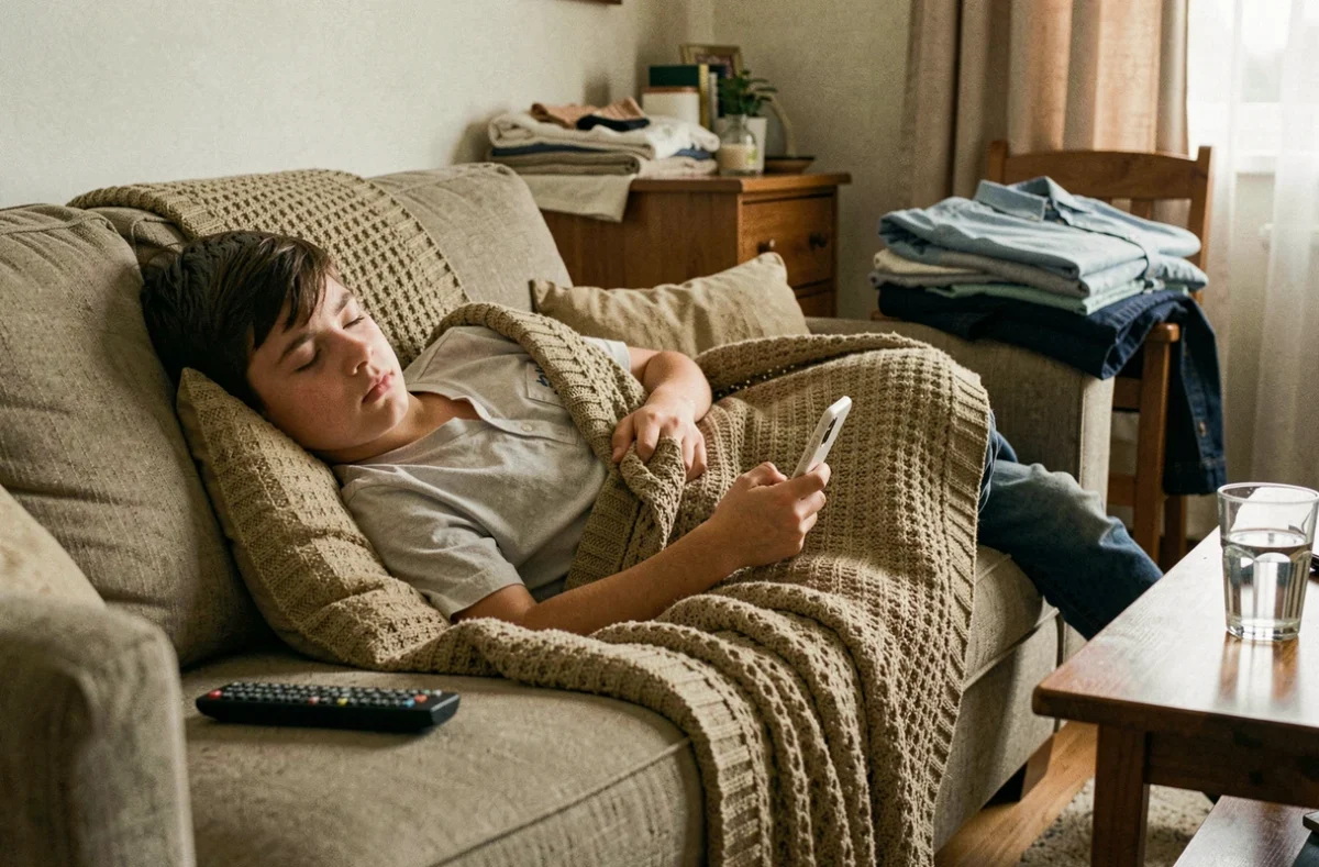 Adolescent fatigué allongé sur le canapé sous une couverture avec ses vêtements d'école posés à côté, expression épuisée