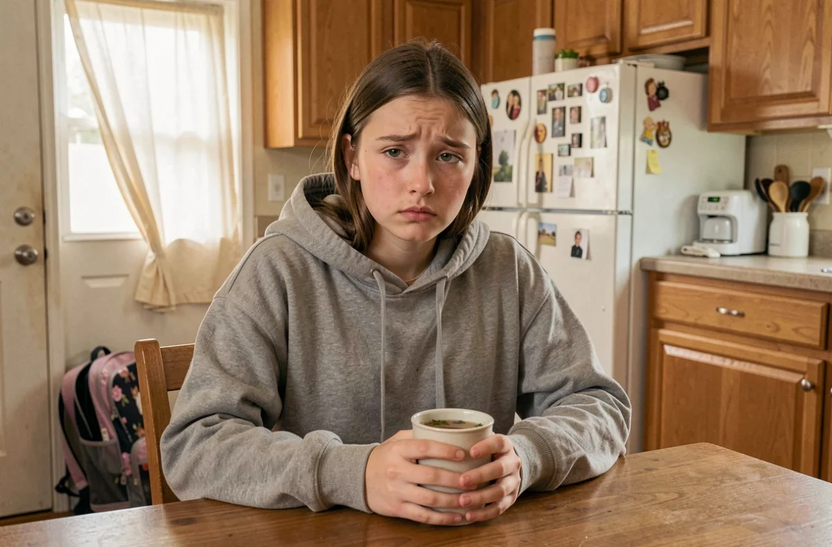 Adolescente fatiguée en sweat confortable tenant une tasse de thé à la table de cuisine le matin, sac d'école visible en arrière-plan