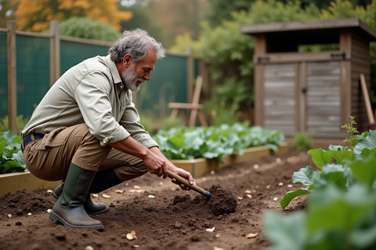 Homme en train d'amender la terre d'un potager en automne avec une fourche et du compost
