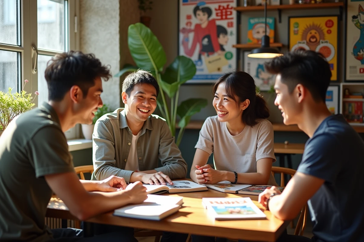 Trois amis discutant de mangas dans un café ensoleille