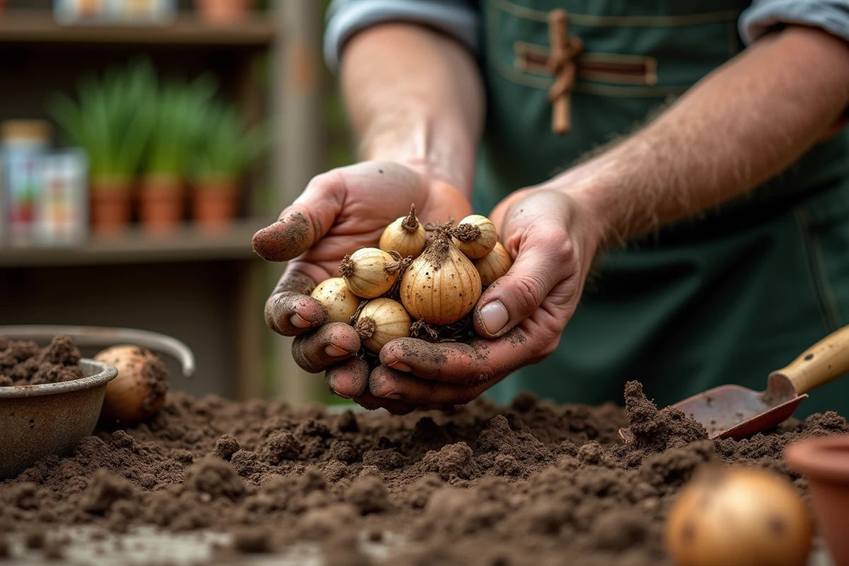 Gros plan sur des bulbes de jonquilles fraîchement déterrés tenus dans des mains de jardinier expérimenté