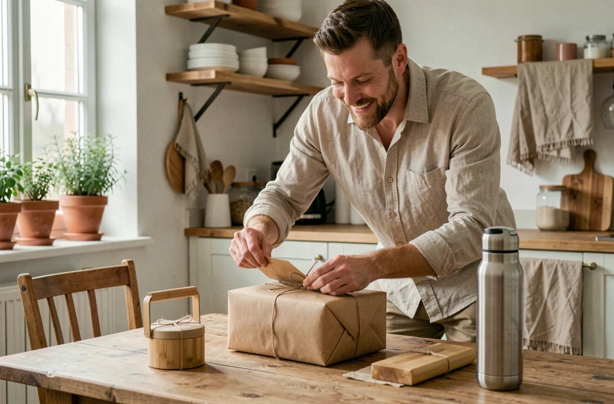 Homme barbu déballer un cadeau éco-responsable emballé dans du papier kraft avec des accessoires durables en bambou et acier inoxydable sur une table en bois recyclé