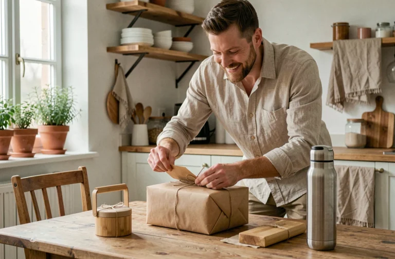 Homme barbu déballer un cadeau éco-responsable emballé dans du papier kraft avec des accessoires durables en bambou et acier inoxydable sur une table en bois recyclé