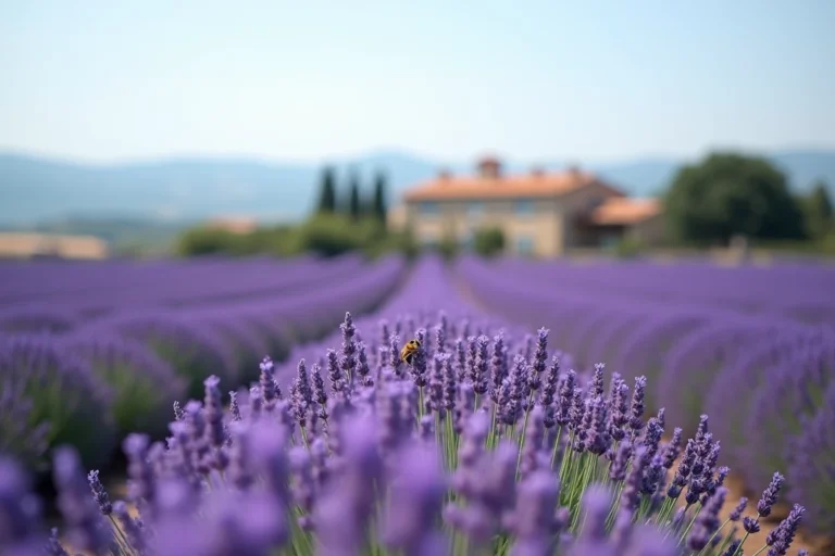 Champ de lavande en fleurs en Provence avec rangées violettes et ferme en arrière-plan, illustrant les propriétés répulsives naturelles de la lavande contre les insectes