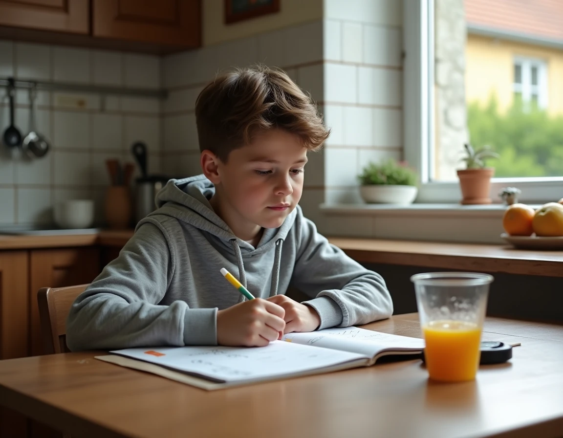 Collégien de 5e faisant ses devoirs à la maison avec son cahier de notes et une calculatrice