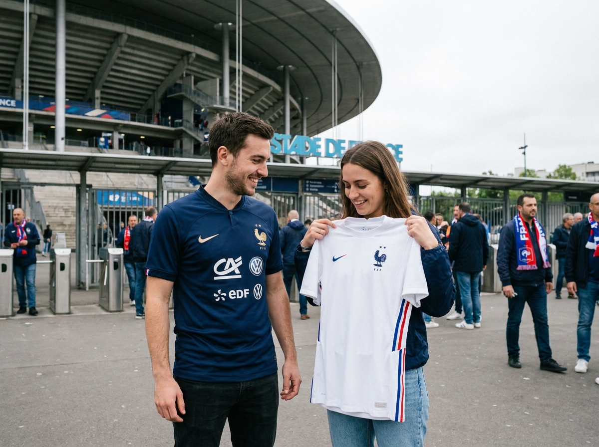 Deux amis comparant le maillot domicile et extérieur de l'équipe de France devant un stade