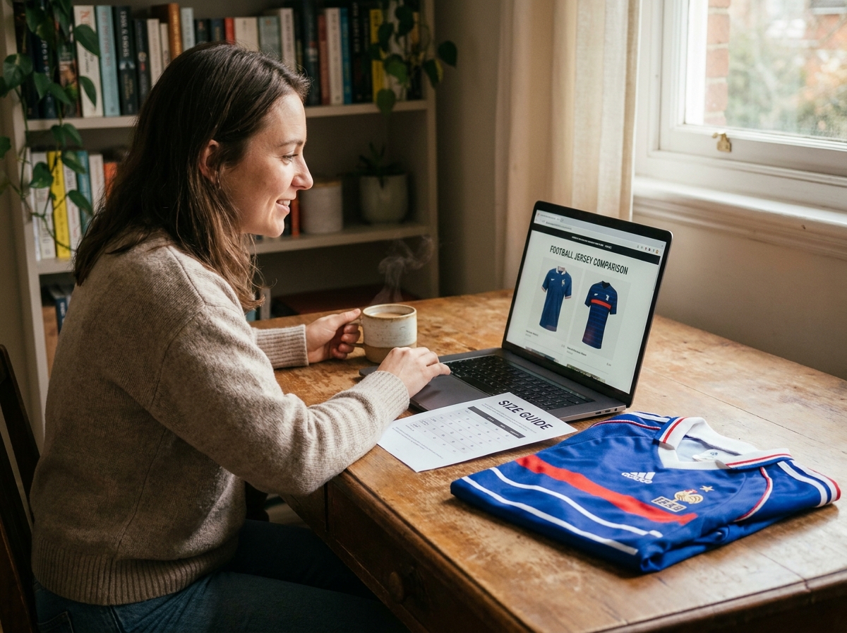 Femme comparant des maillots de l'équipe de France en ligne depuis son bureau à domicile