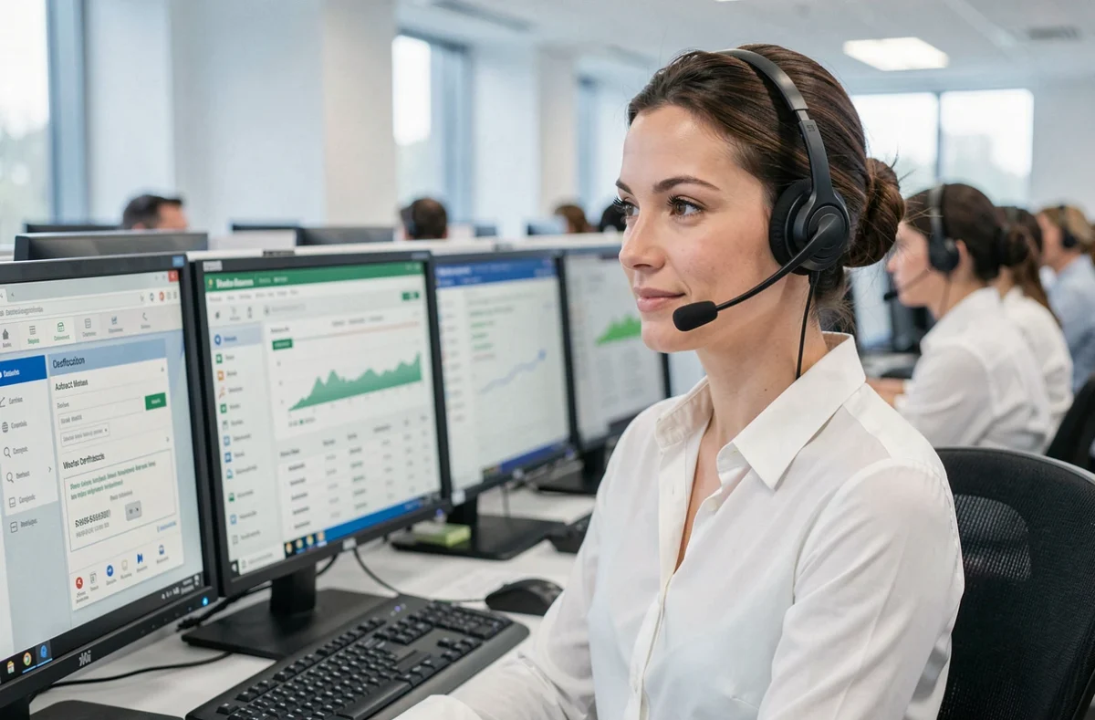 Conseillère de service client vérifiant un numéro de téléphone fiable dans un centre d'appels