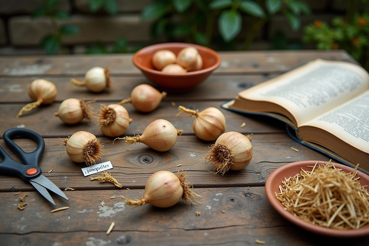Présentation de bulbes de jonquilles séchés sur une table en bois avec des outils de jardinage pour la conservation