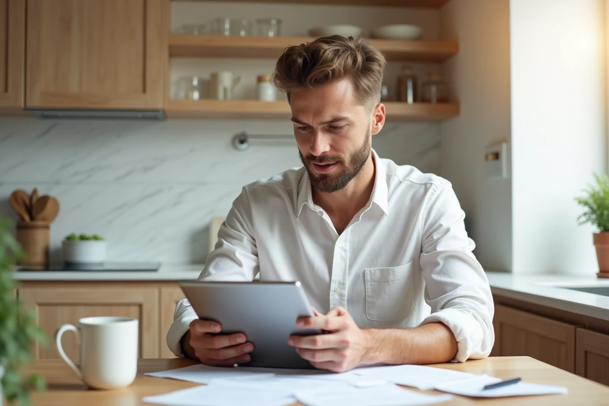 Homme consultant son espace assuré Colonna Facility sur une tablette depuis son domicile
