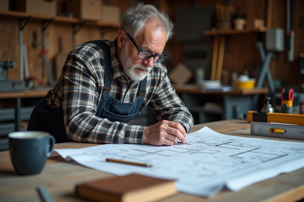 Homme consultant un plan de rénovation sur un établi dans un garage avec des outils de mesure autour de lui