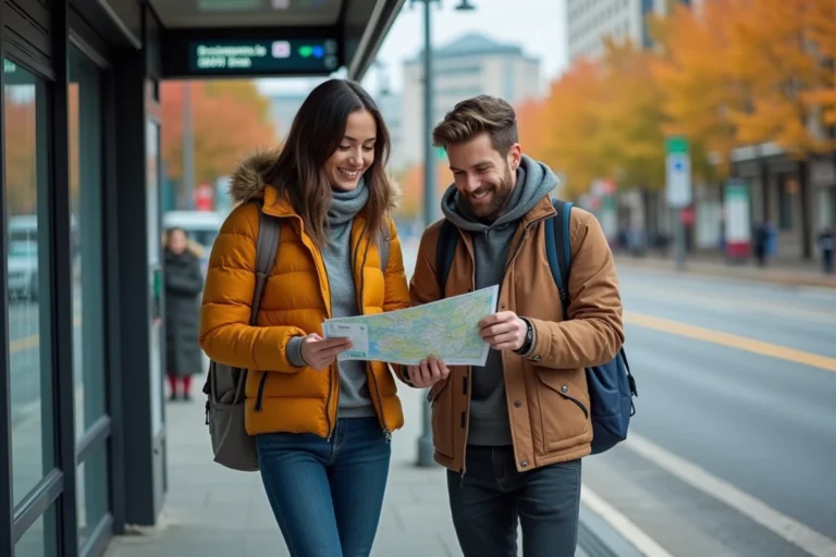Jeune couple regardant une carte de bus en ville