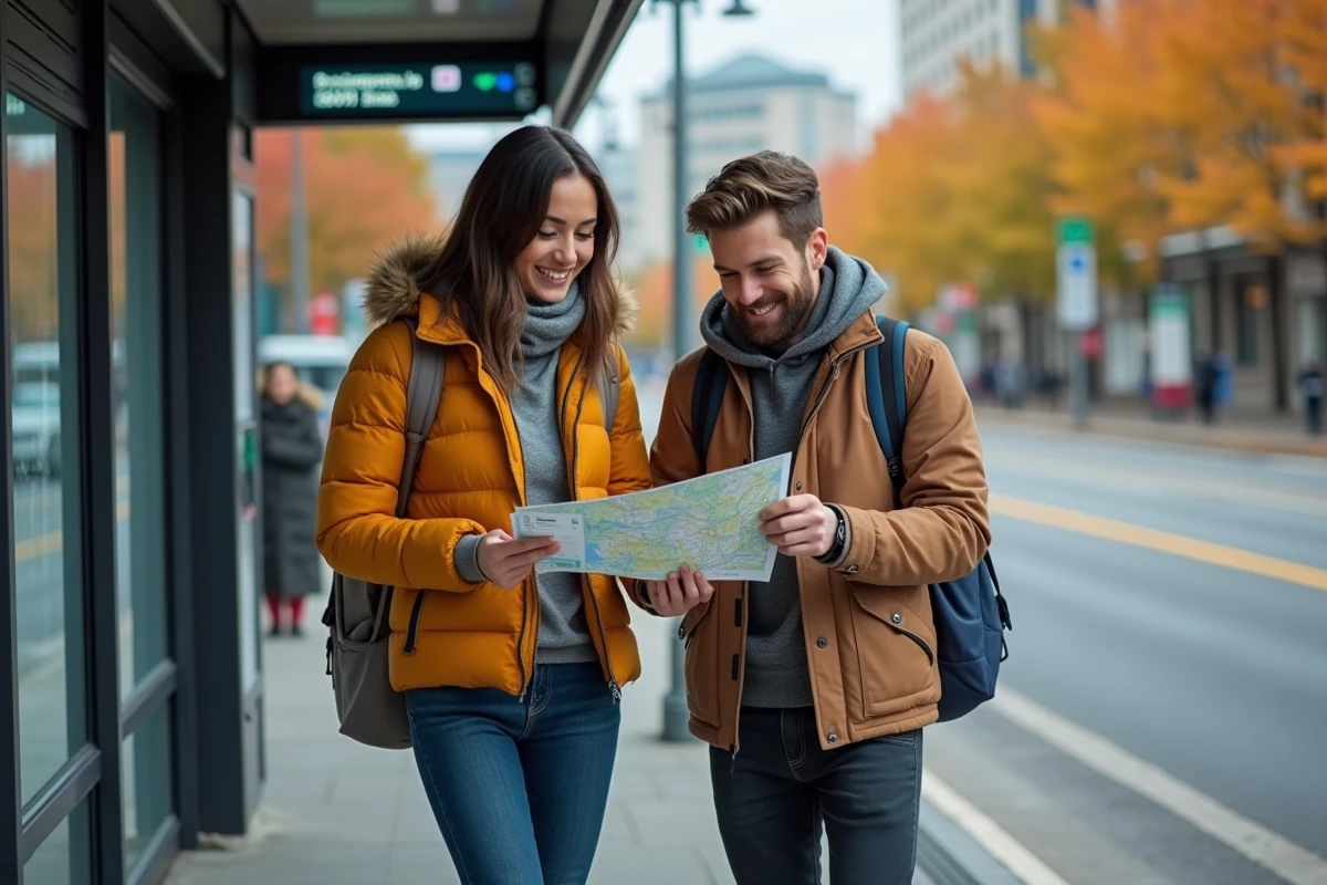 Jeune couple regardant une carte de bus en ville