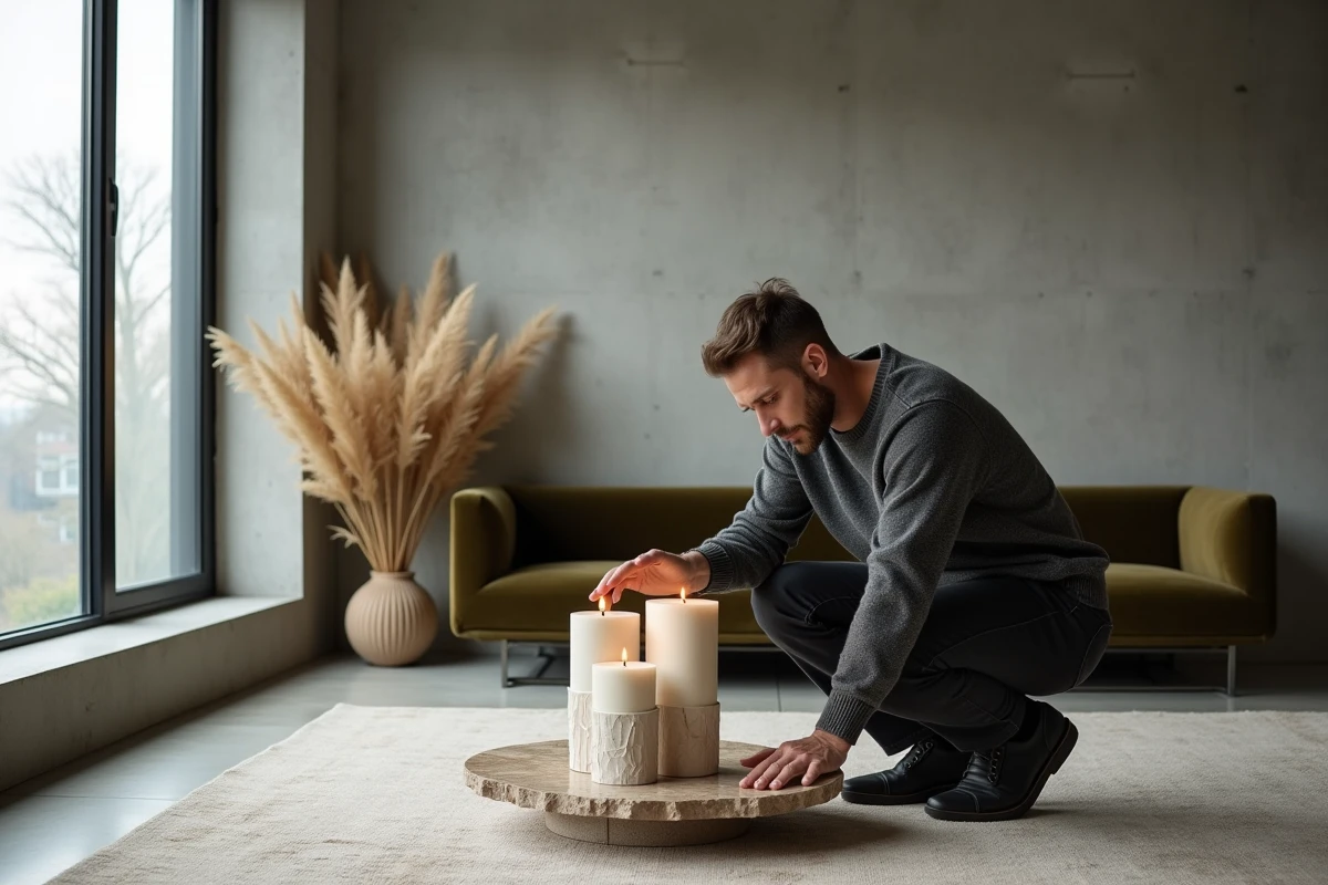Homme arrangeant des objets décoratifs tendance sur une table basse en loft minimaliste industriel