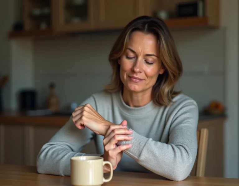 Femme tenant son poignet gauche douloureux avec une expression pensive, assise à une table en bois dans un intérieur chaleureux