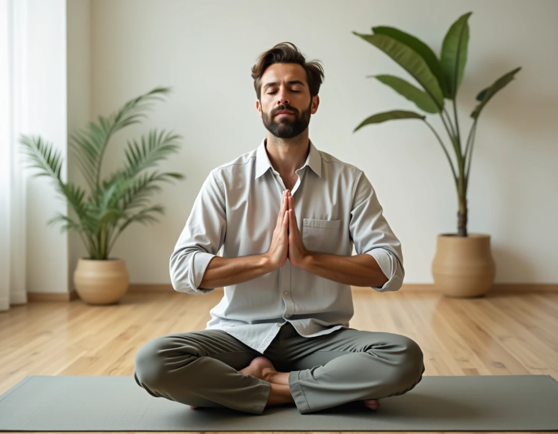 Homme en méditation pressant son poignet gauche sur un tapis de yoga dans une pièce minimaliste et apaisante