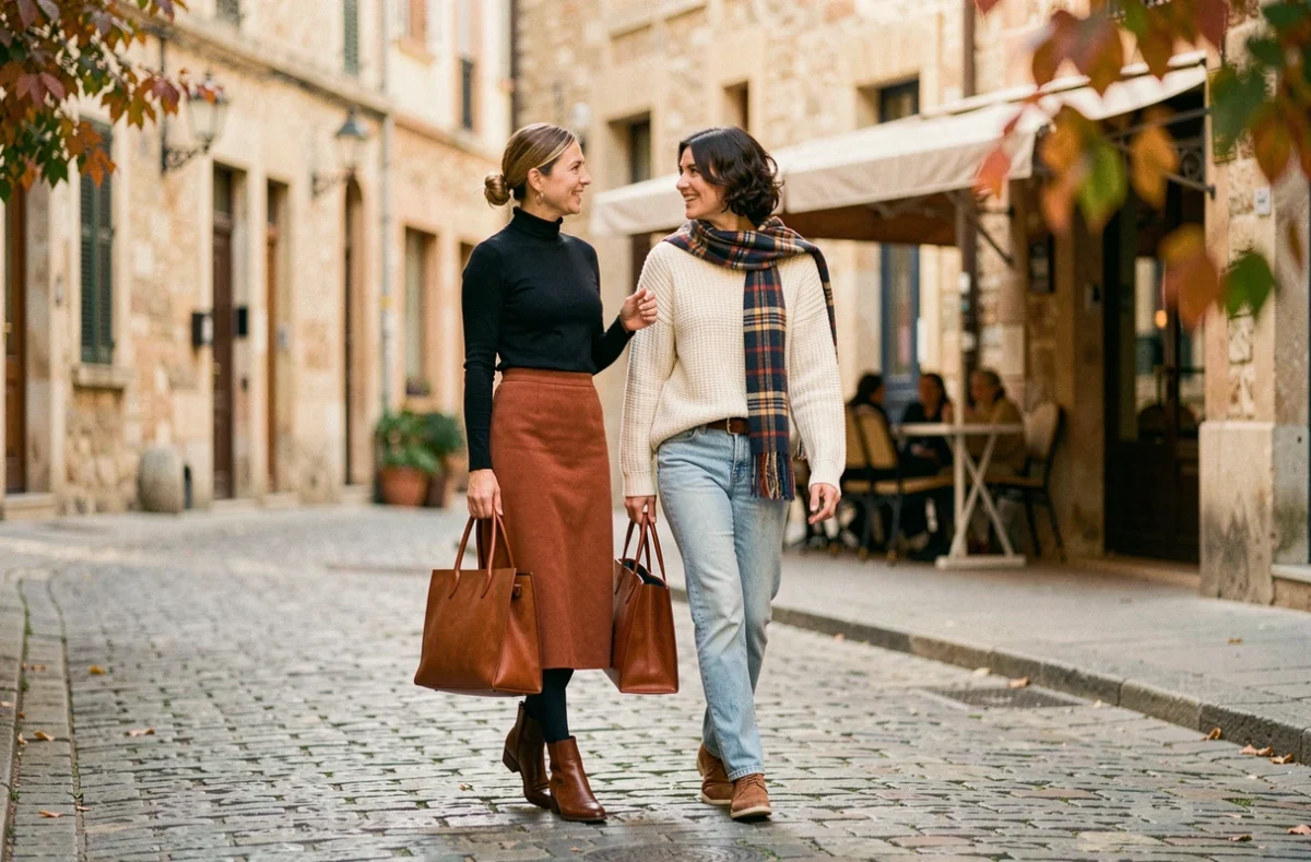 Deux femmes élégantes marchant dans une rue pavée européenne, portant des tenues tendance automnales complémentaires, style street fashion mode saison