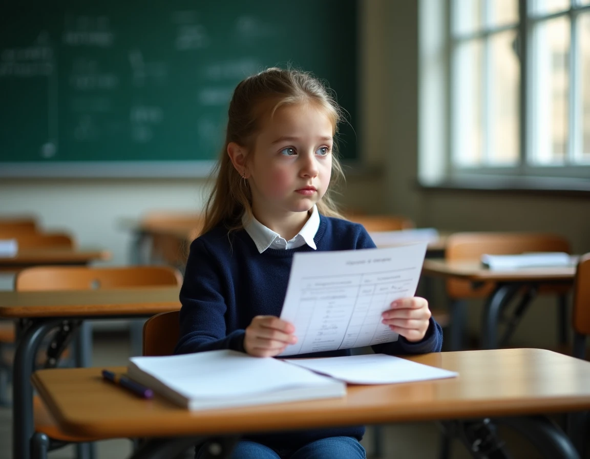 Élève de 5e consultant son bulletin de notes dans une salle de classe française