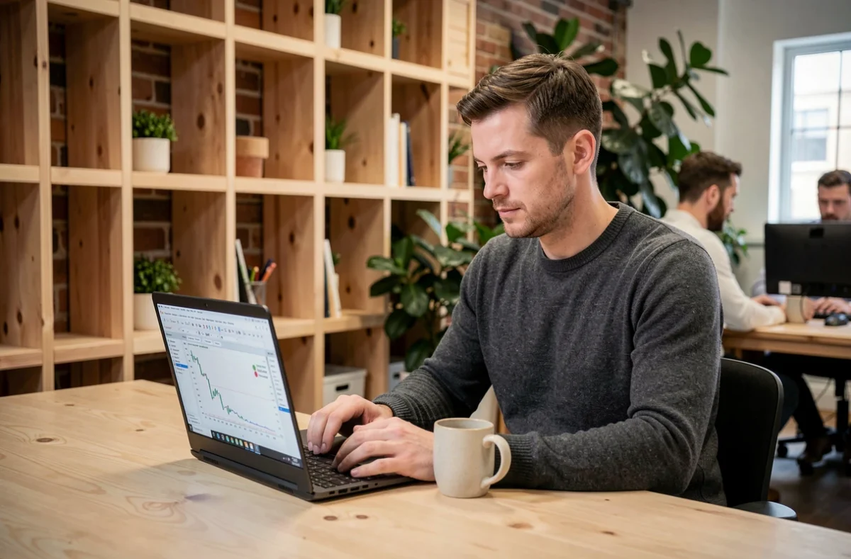 Entrepreneur concentré travaillant sur des projections financières dans un espace de coworking moderne et chaleureux