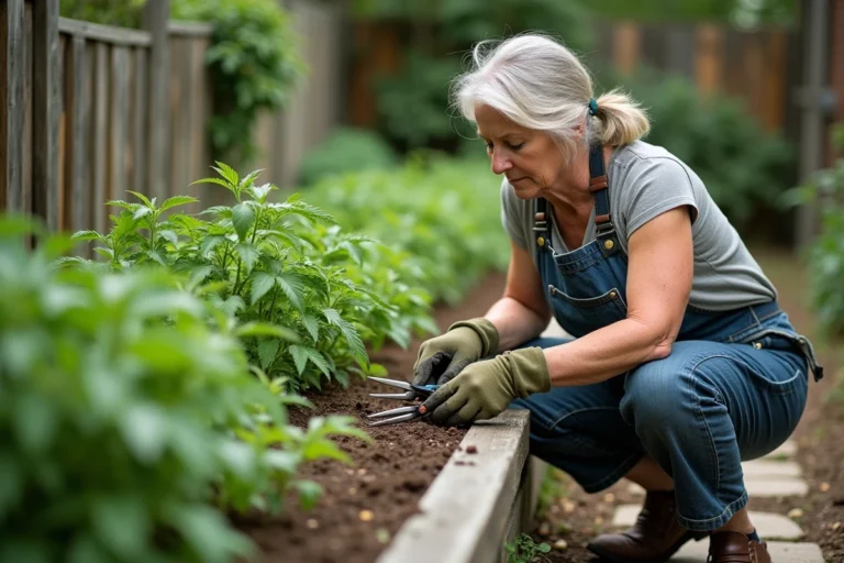 Femme jardinière taillant des plants de tomates dans un potager bien entretenu avec des outils de jardinage