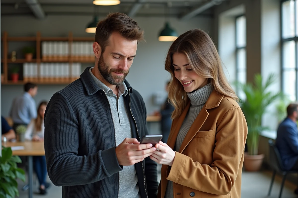 Deux collègues consultant ensemble un espace assuré Colonna Facility sur smartphone dans un espace de coworking