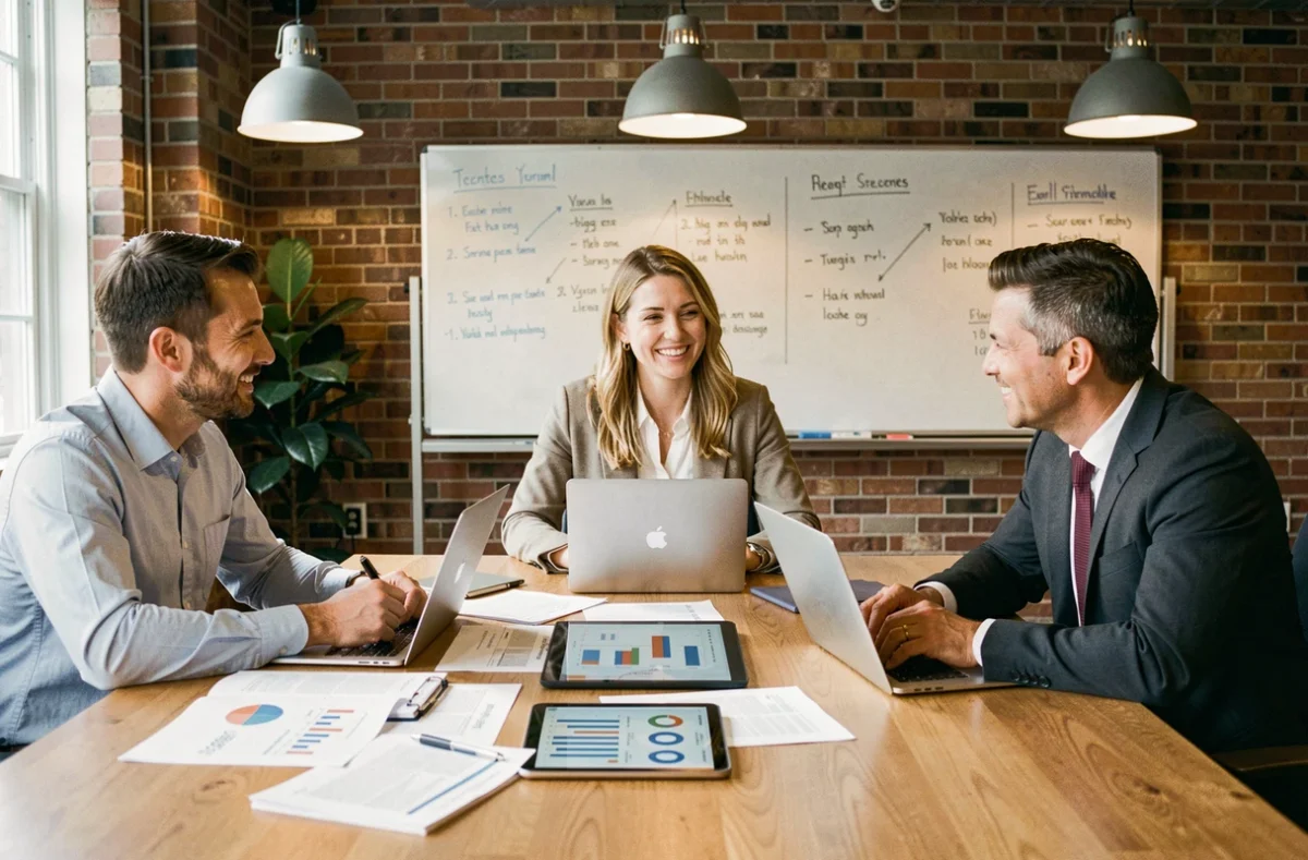 Équipe d'entrepreneurs discutant de solutions financières innovantes autour d'une table de réunion avec des rapports et des graphiques