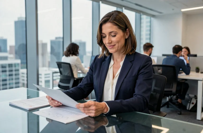 Femme d'affaires confiante en blazer marine analysant des documents dans un bureau moderne avec vue sur la ville