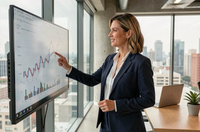 Femme d'affaires analysant des graphiques de croissance financière sur un écran tactile dans un bureau moderne avec vue sur la ville