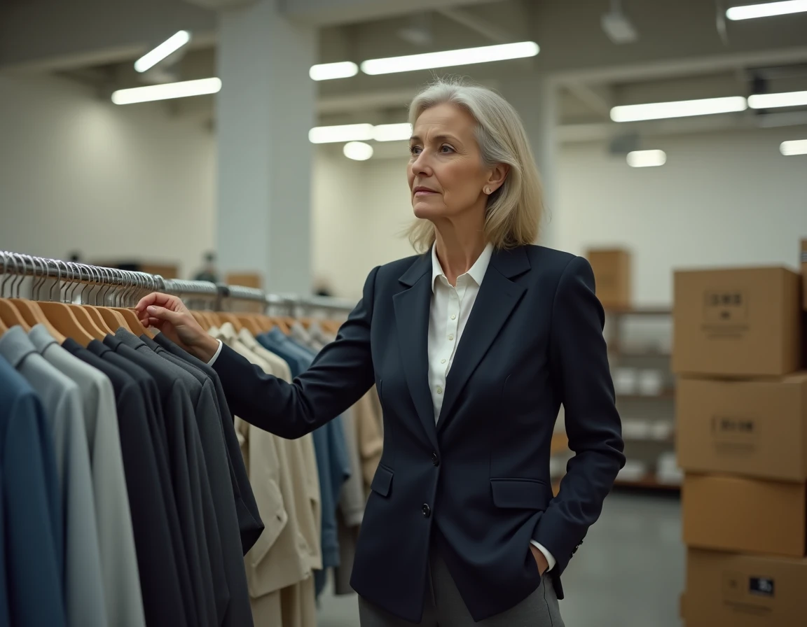 Femme d'âge mûr dans une boutique de vêtements en cours de liquidation, tenant un vêtement sur un portant presque vide, regard pensif évoquant la fin d'une enseigne de mode française