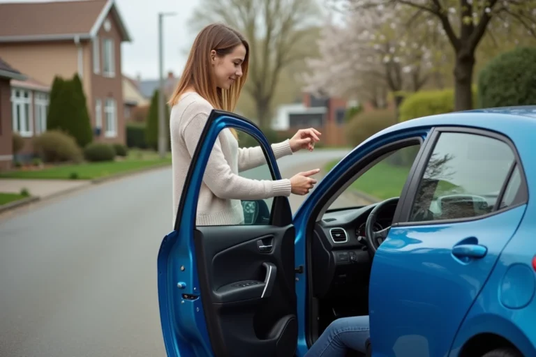 Femme vérifiant le niveau de carburant de sa voiture en ville