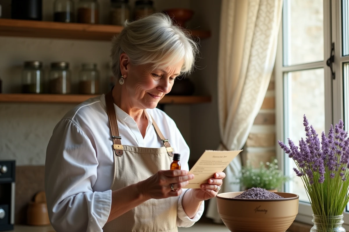 Femme tenant une bouteille d'huile essentielle de lavande et un bol de lavande séchée dans une cuisine rustique, illustrant l'utilisation domestique comme répulsif naturel contre les insectes