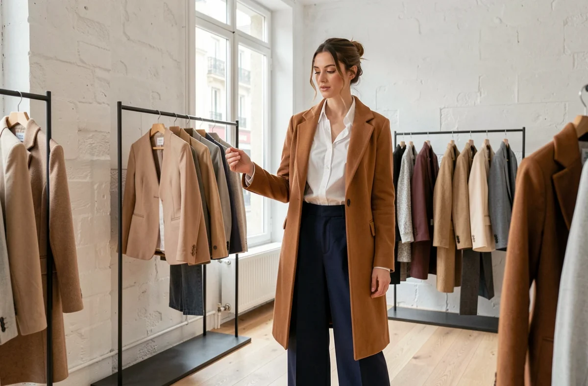 Femme élégante en manteau camel dans une boutique de mode parisienne minimaliste, feuilletant une sélection de vêtements tendance de saison