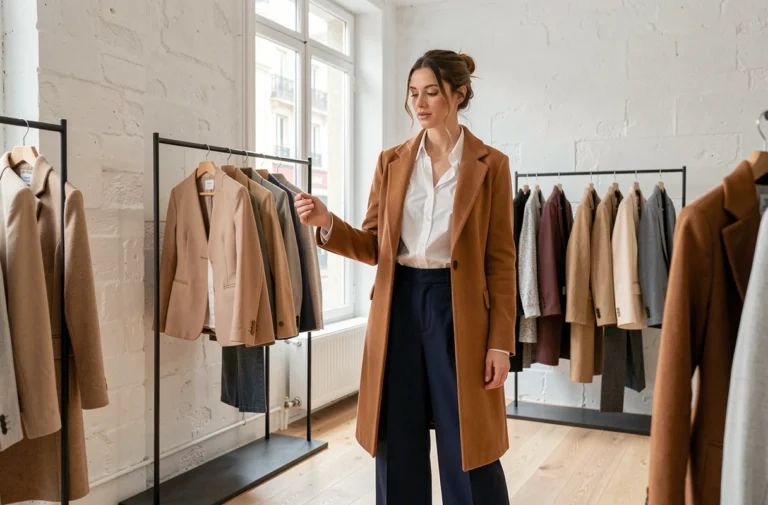 Femme élégante en manteau camel dans une boutique de mode parisienne minimaliste, feuilletant une sélection de vêtements tendance de saison