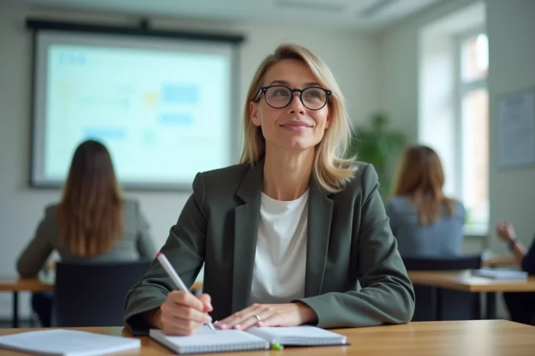 Femme adulte en formation professionnelle prenant des notes dans un centre de formation moderne