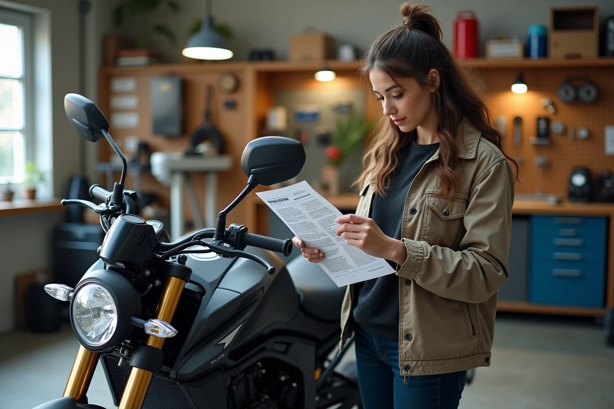 Femme vérifie le guide de carburant Yamaha MT 07 dans un garage