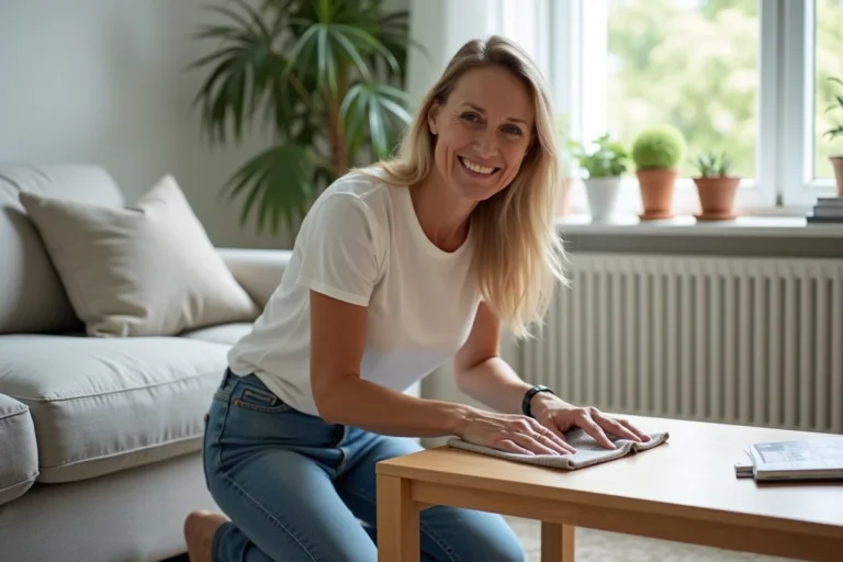 Femme nettoyant une table en bois dans un salon lumineux