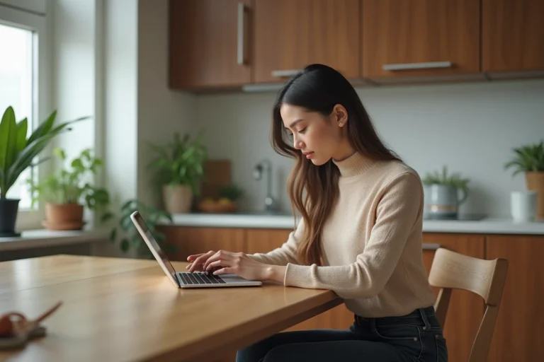 Jeune femme regardant la tablette dans une cuisine moderne