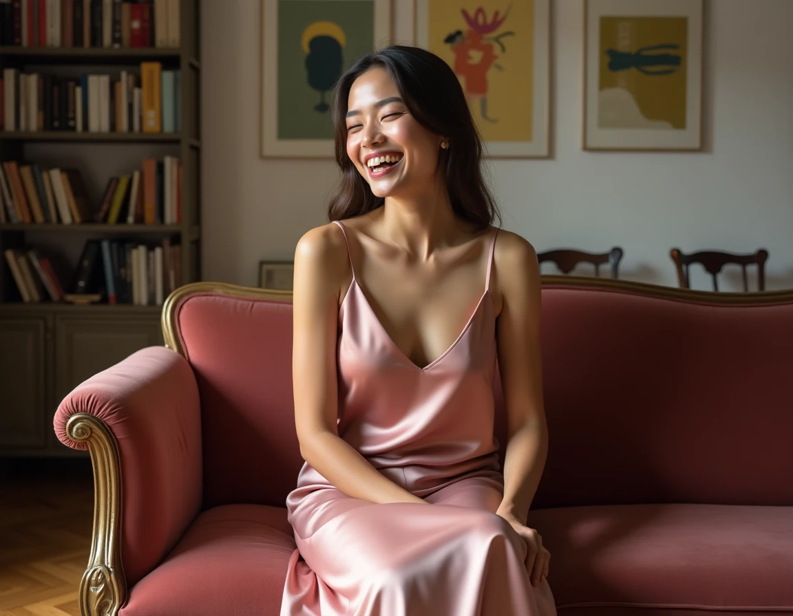 Femme posée en robe satin rose sur un canapé velours dans un studio vintage, photographie lifestyle audacieuse