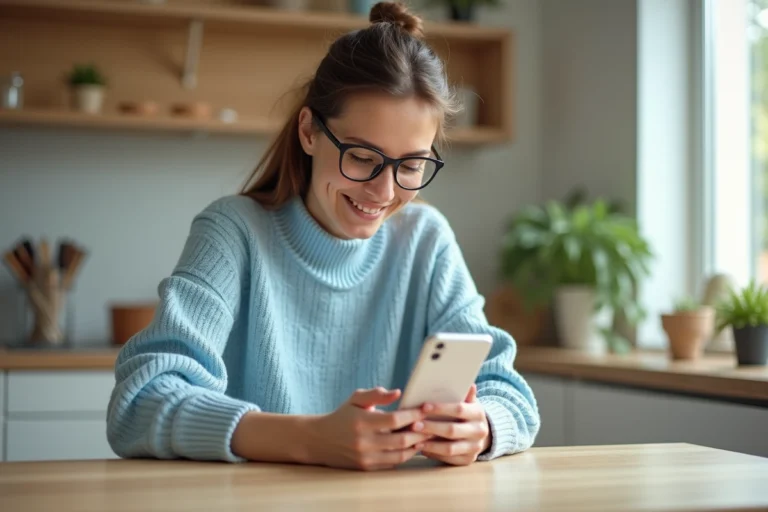 Femme en cuisine sélectionnant des photos sur son smartphone
