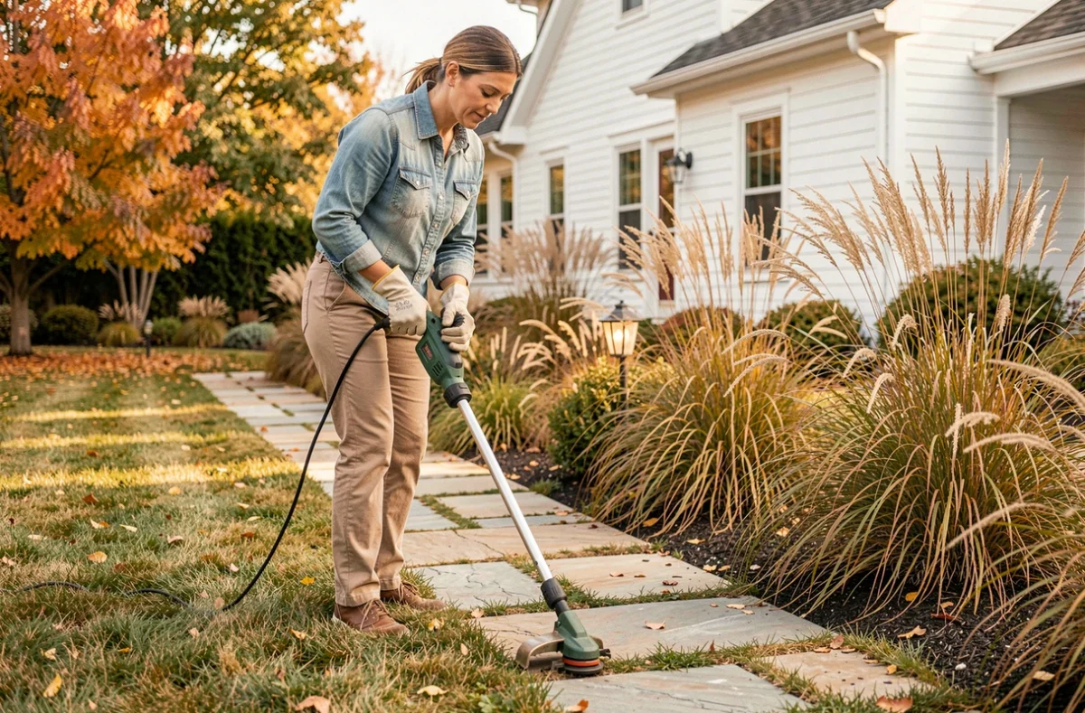 Femme utilisant un taille-bordure filaire pour délimiter les bords d'une allée en pierre dans un jardin de maison individuelle en automne