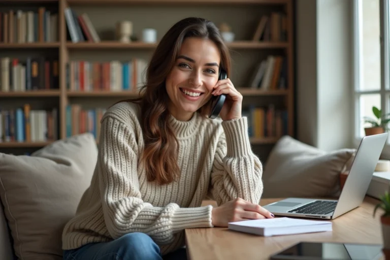 Femme souriante au téléphone dans un salon cosy