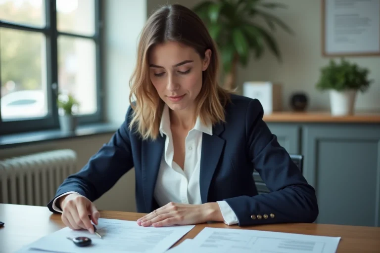 Jeune femme professionnelle vérifiant une immatriculation française