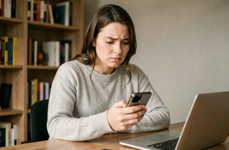 Femme vérifiant la fiabilité d'un numéro de téléphone service client sur son smartphone à son bureau