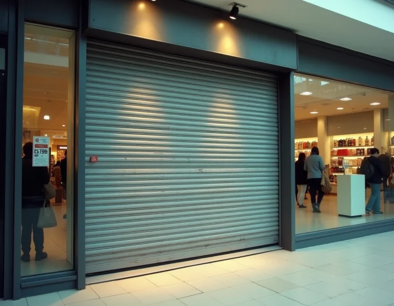 Devanture fermée d'une boutique de prêt-à-porter dans un centre commercial français, rideaux baissés et enseigne partiellement démontée symbolisant la fermeture définitive d'une marque