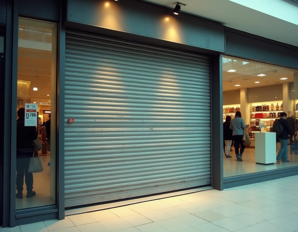 Devanture fermée d'une boutique de prêt-à-porter dans un centre commercial français, rideaux baissés et enseigne partiellement démontée symbolisant la fermeture définitive d'une marque