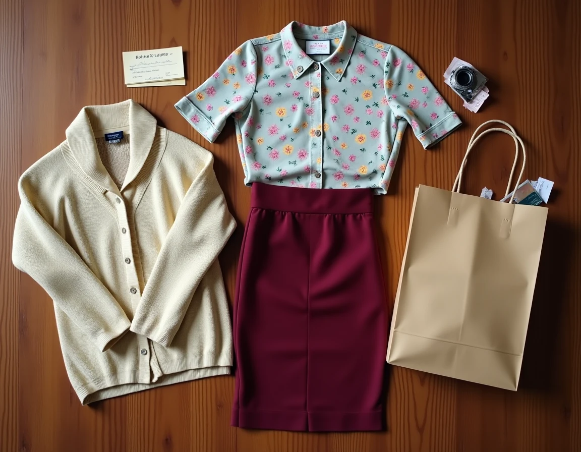 Composition à plat d'anciens vêtements féminins classiques, sac de boutique froissé et carte de fidélité sur une table en bois, évoquant la nostalgie et la disparition d'une marque de mode française