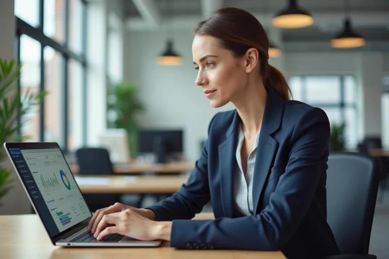 Femme professionnelle gérant son espace assuré Colonna Facility sur un ordinateur portable dans un bureau moderne