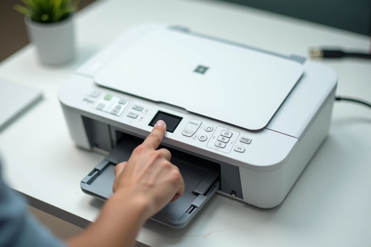 Gros plan sur les boutons de réinitialisation d'une imprimante Canon Pixma MG3650 avec une main appuyant sur le panneau de contrôle