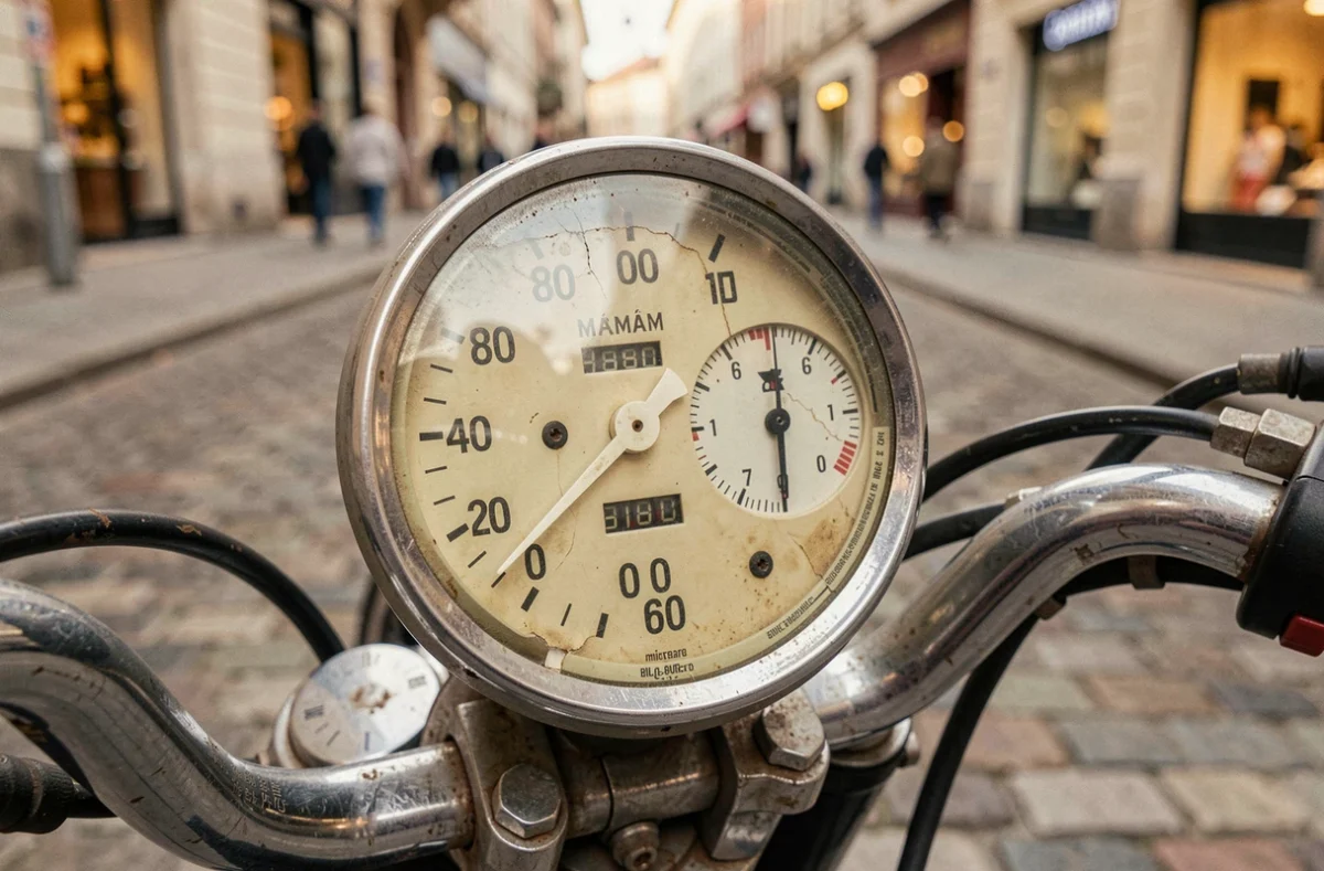 Gros plan sur le compteur kilométrique usé d'une moto ancienne affichant un kilométrage élevé