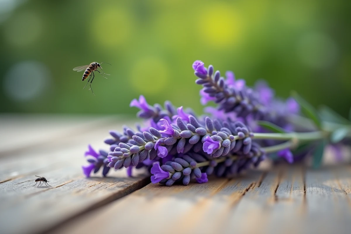 Gros plan d'une tige de lavande sur table en bois avec insectes repoussés visibles en bordure de cadre, montrant l'effet naturel répulsif de la lavande